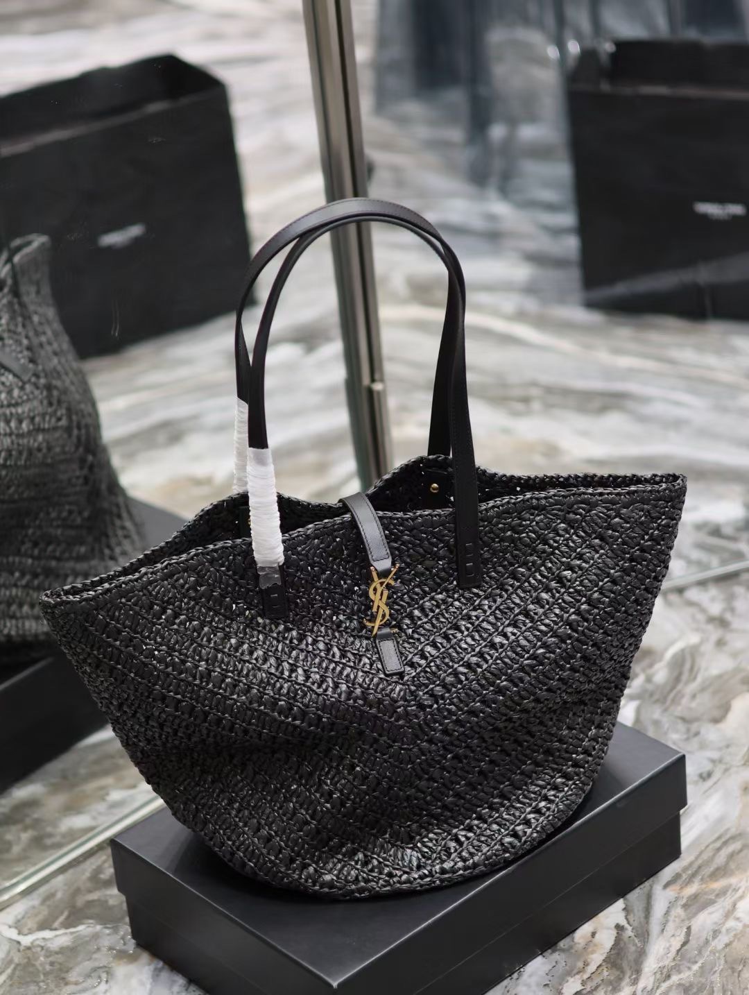 Saint Laurent PANIER V-Shaped Woven Tote Bag YSL - Black