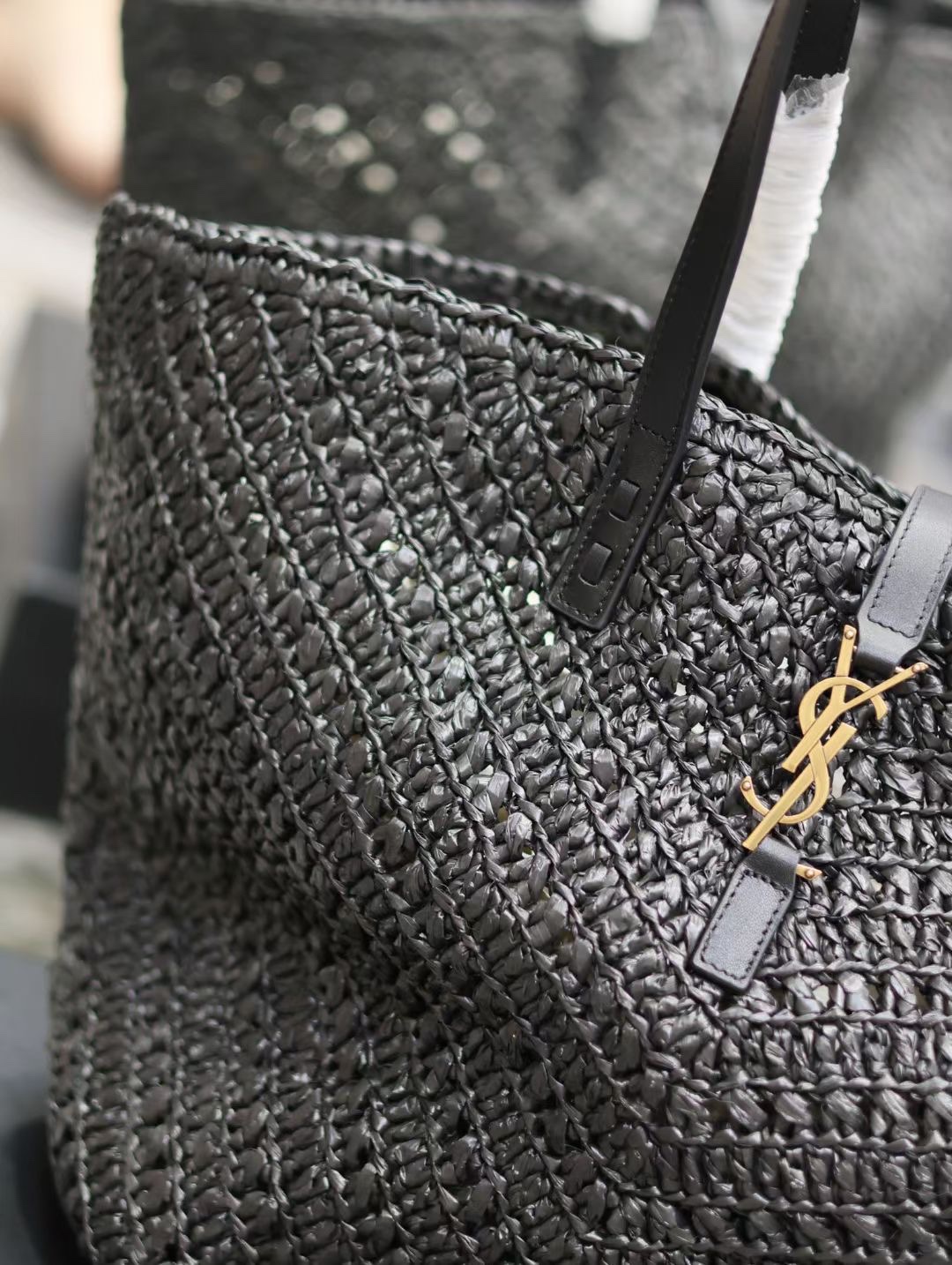 Saint Laurent PANIER V-Shaped Woven Tote Bag YSL - Black