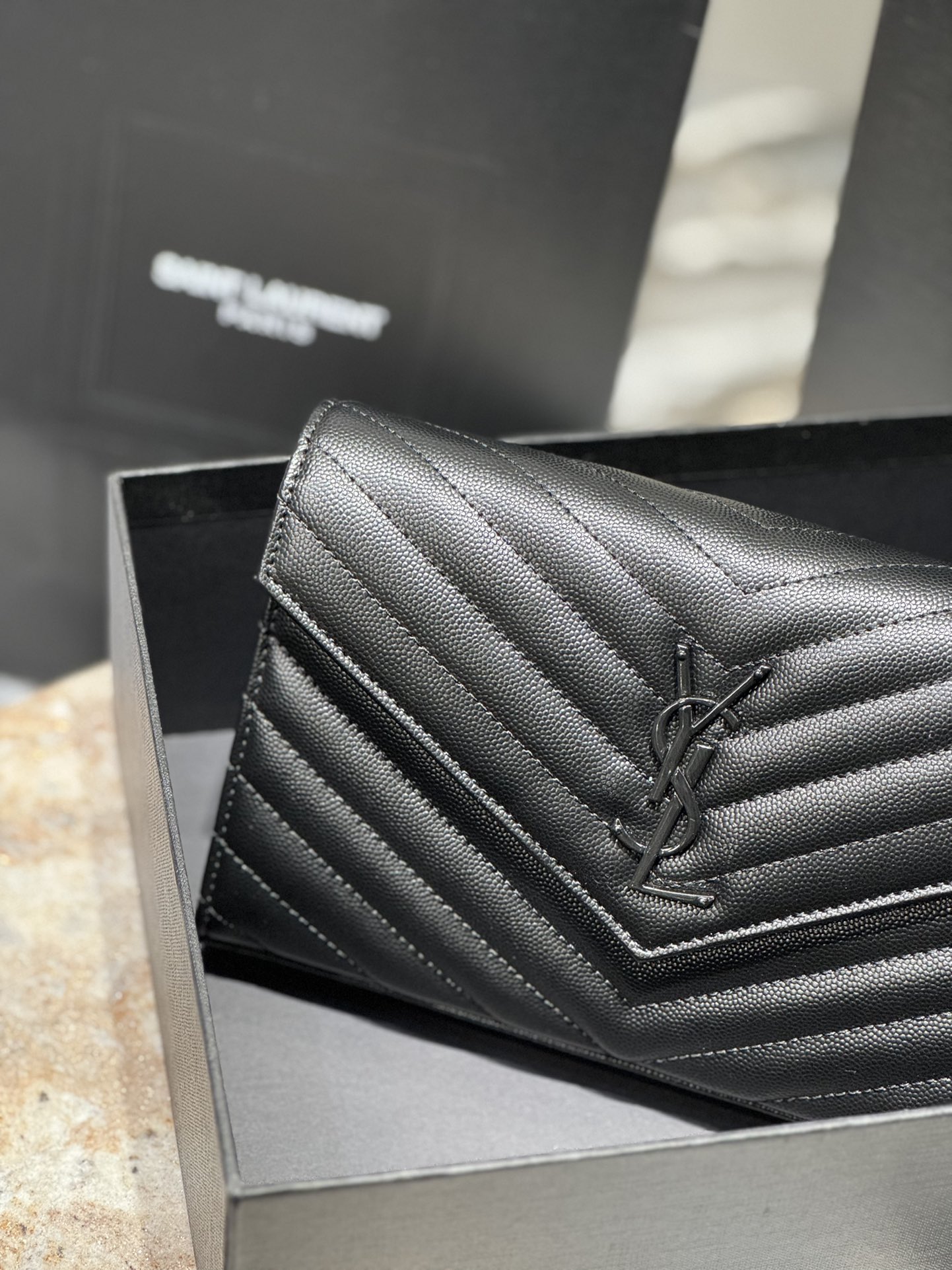 Saint Laurent Monogram Caviar Leather Envelope Bag - Black with Black Hardware