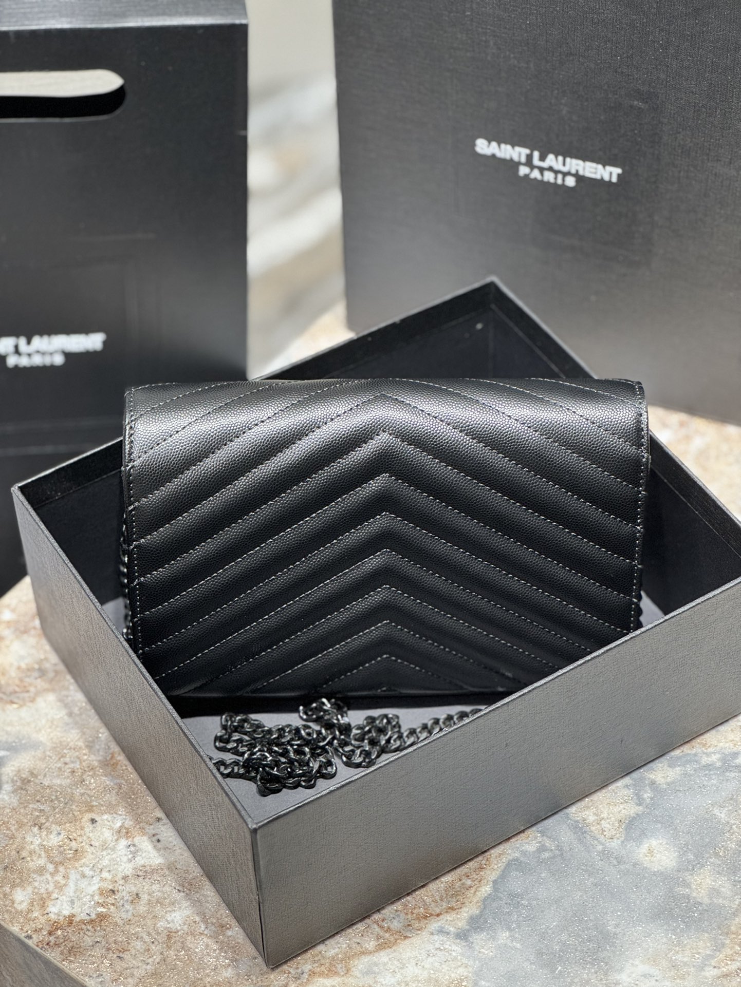 Saint Laurent Monogram Caviar Leather Envelope Bag - Black with Black Hardware