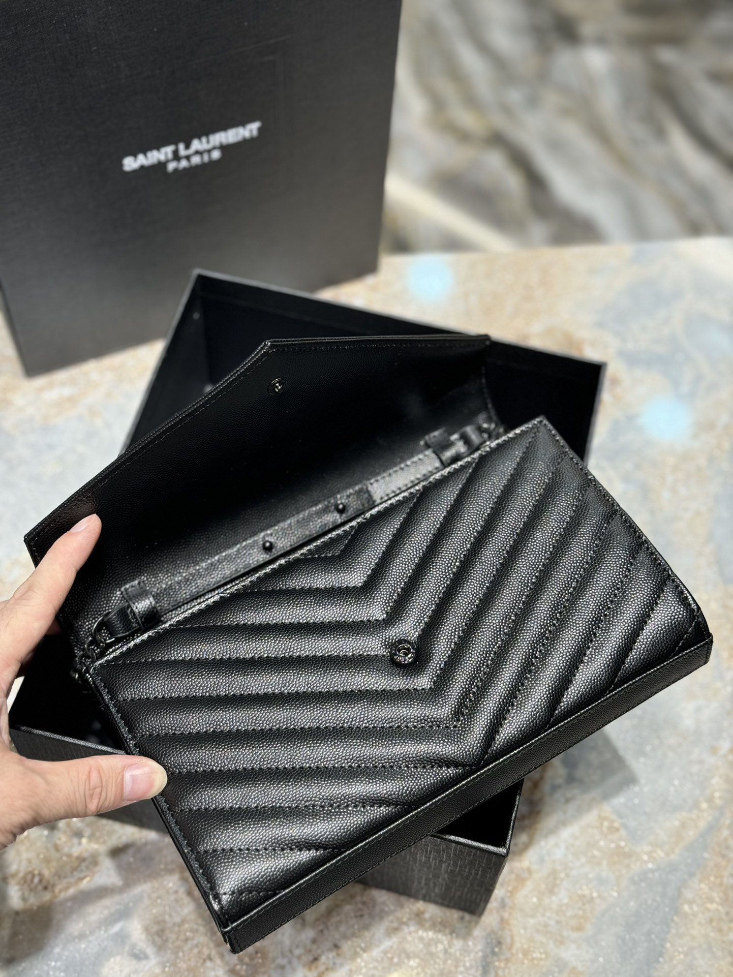 Saint Laurent Monogram Caviar Leather Envelope Bag - Black with Black Hardware