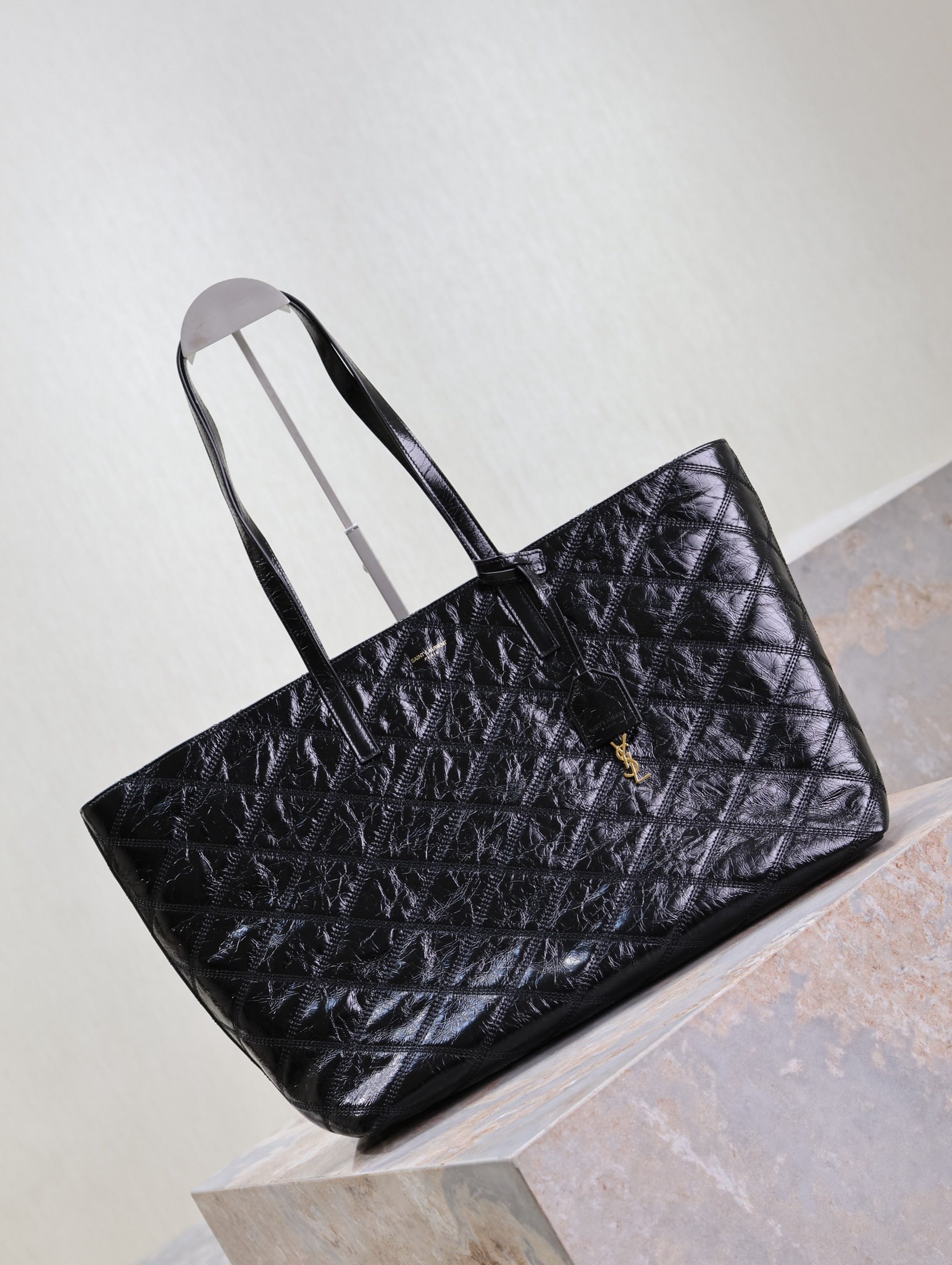 Saint Laurent Black Waxed Leather Quilted Shopping Tote Bag YSL