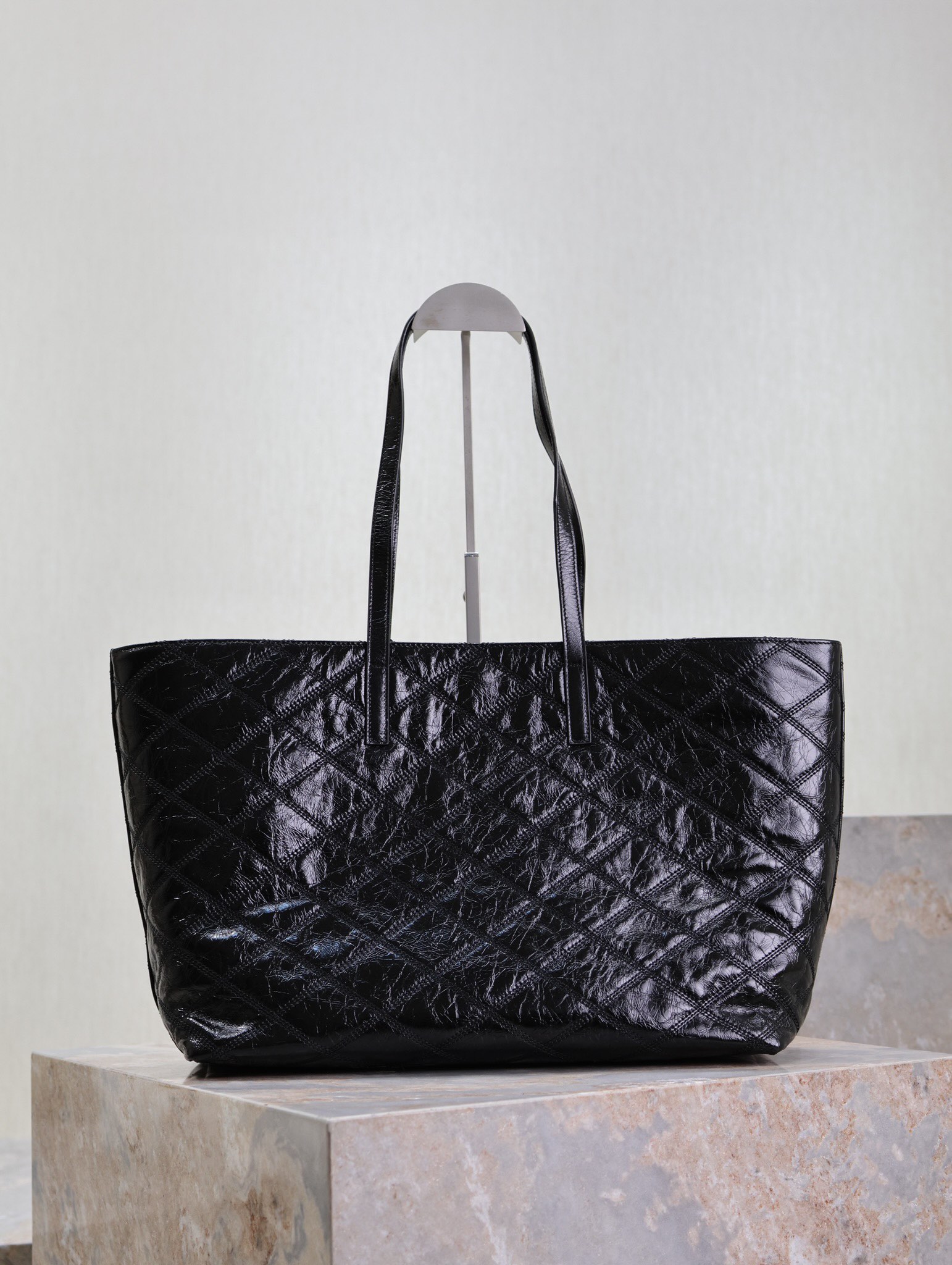 Saint Laurent Black Waxed Leather Quilted Shopping Tote Bag YSL