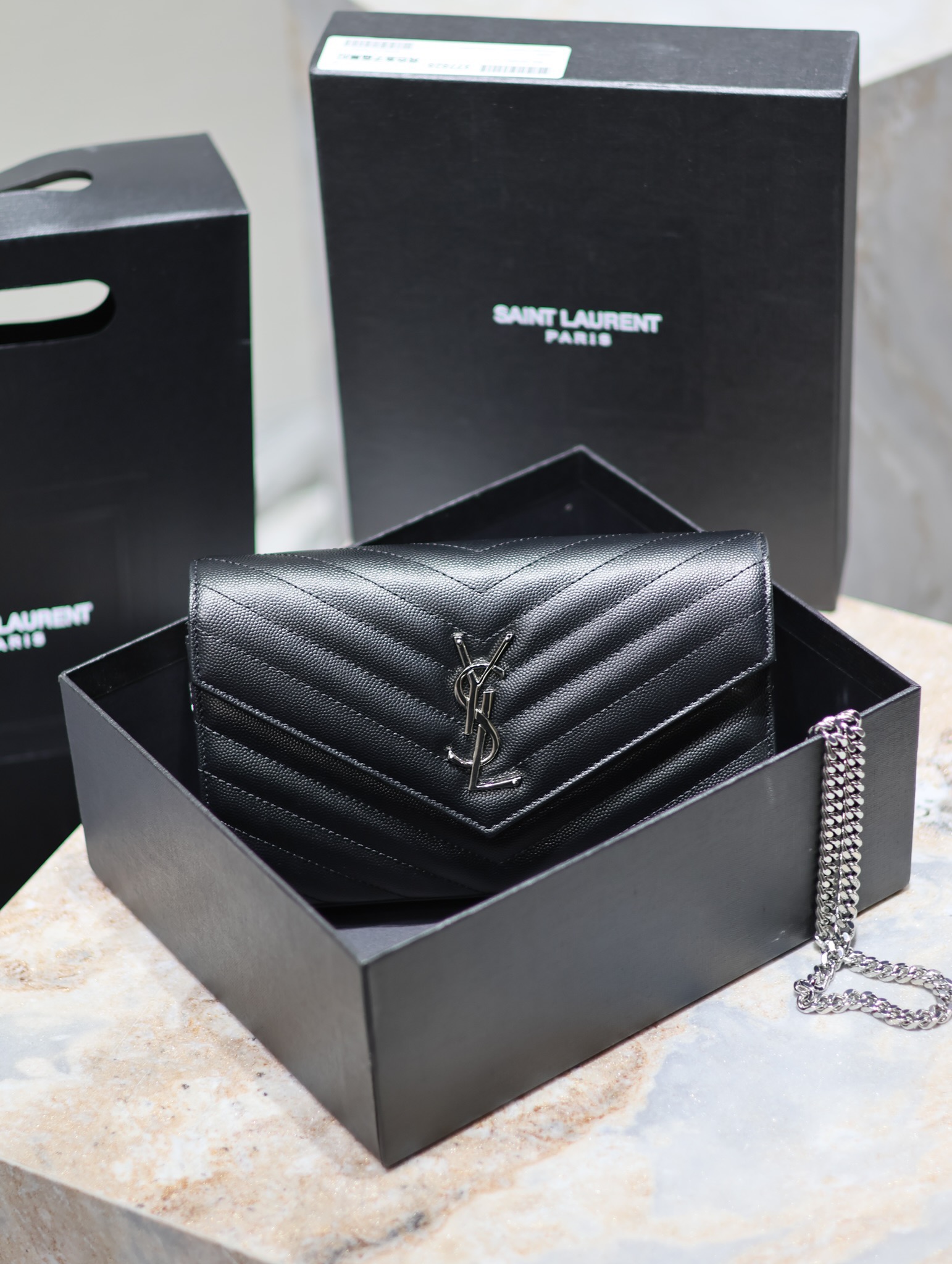 Saint Laurent Monogram Caviar Leather Envelope Bag - Black with Silver Hardware