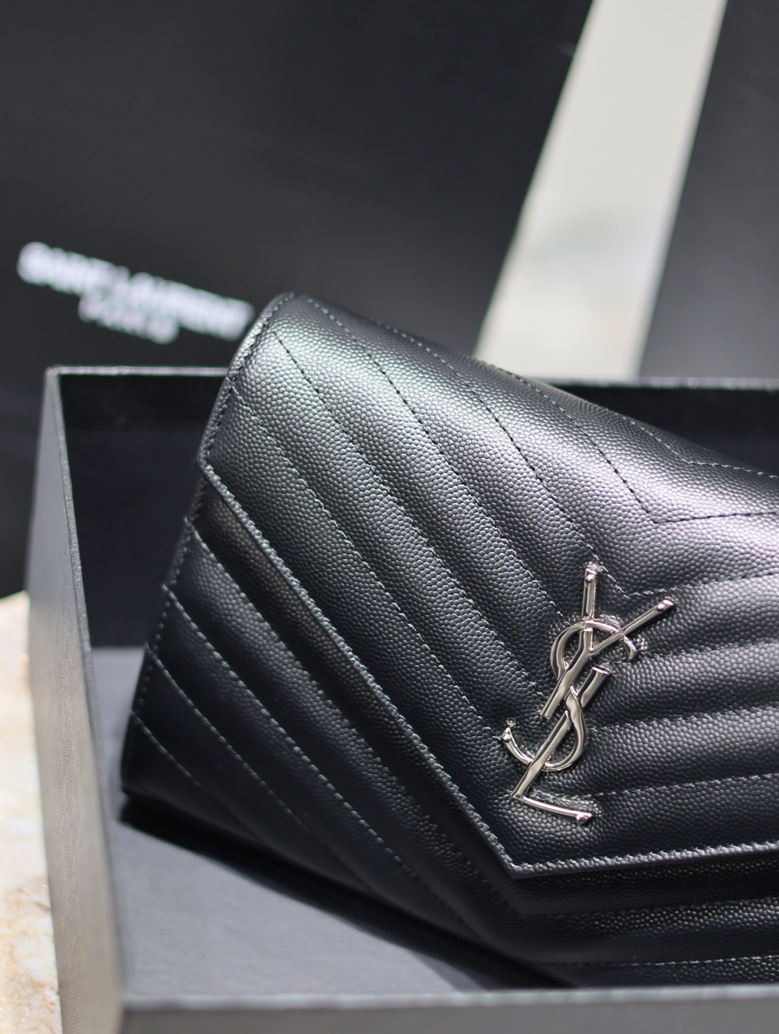 Saint Laurent Monogram Caviar Leather Envelope Bag - Black with Silver Hardware