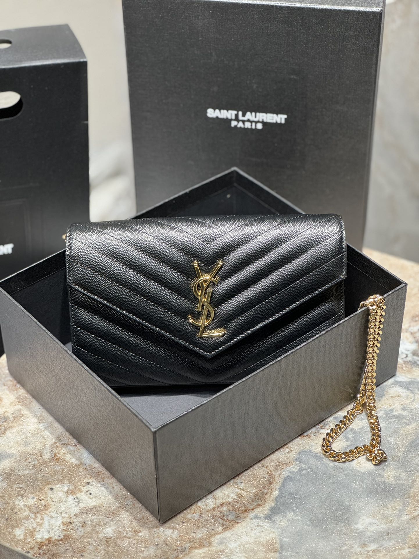 Saint Laurent Monogram Caviar Leather Envelope Bag - Black with Gold Hardware