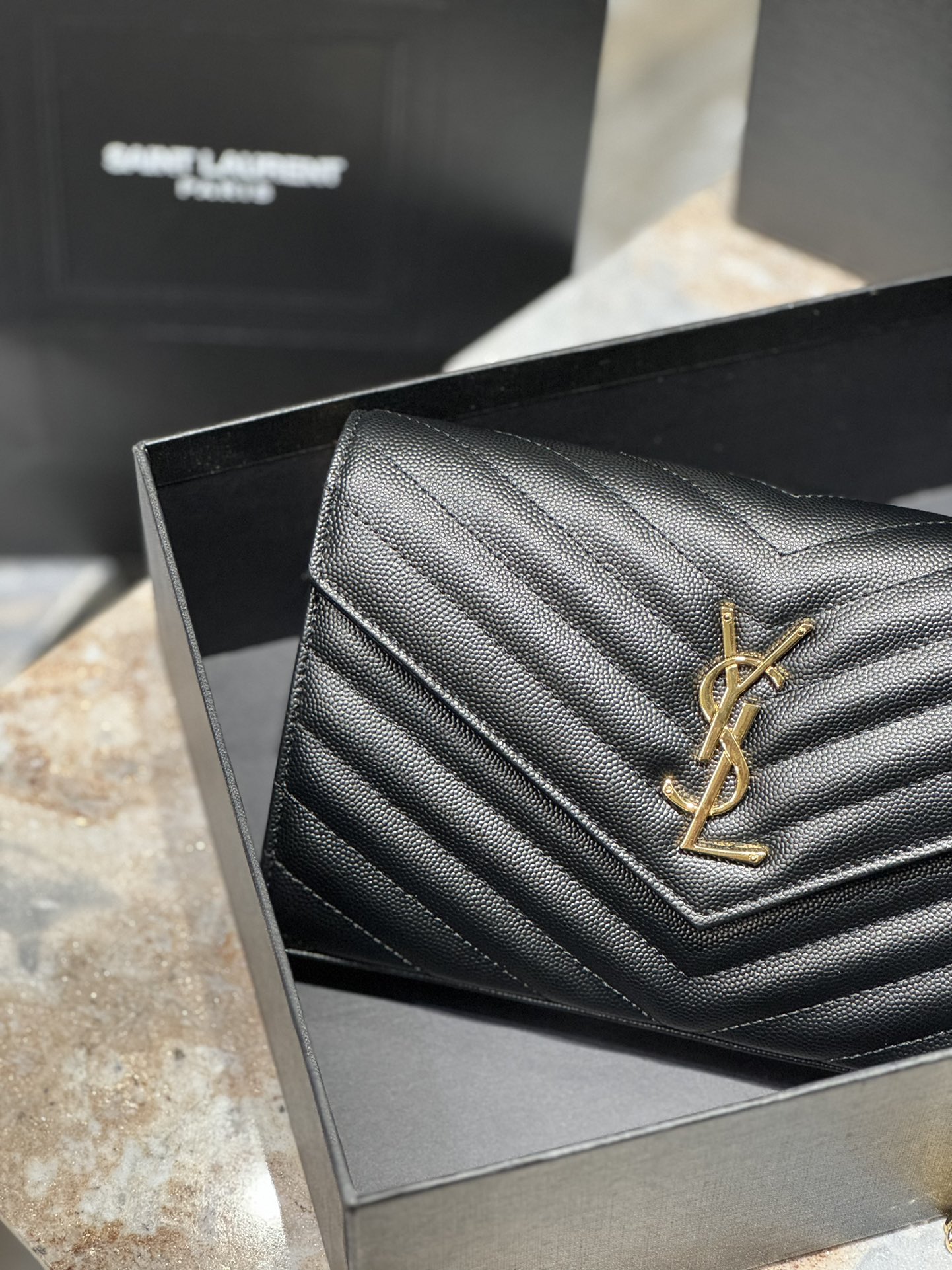 Saint Laurent Monogram Caviar Leather Envelope Bag - Black with Gold Hardware