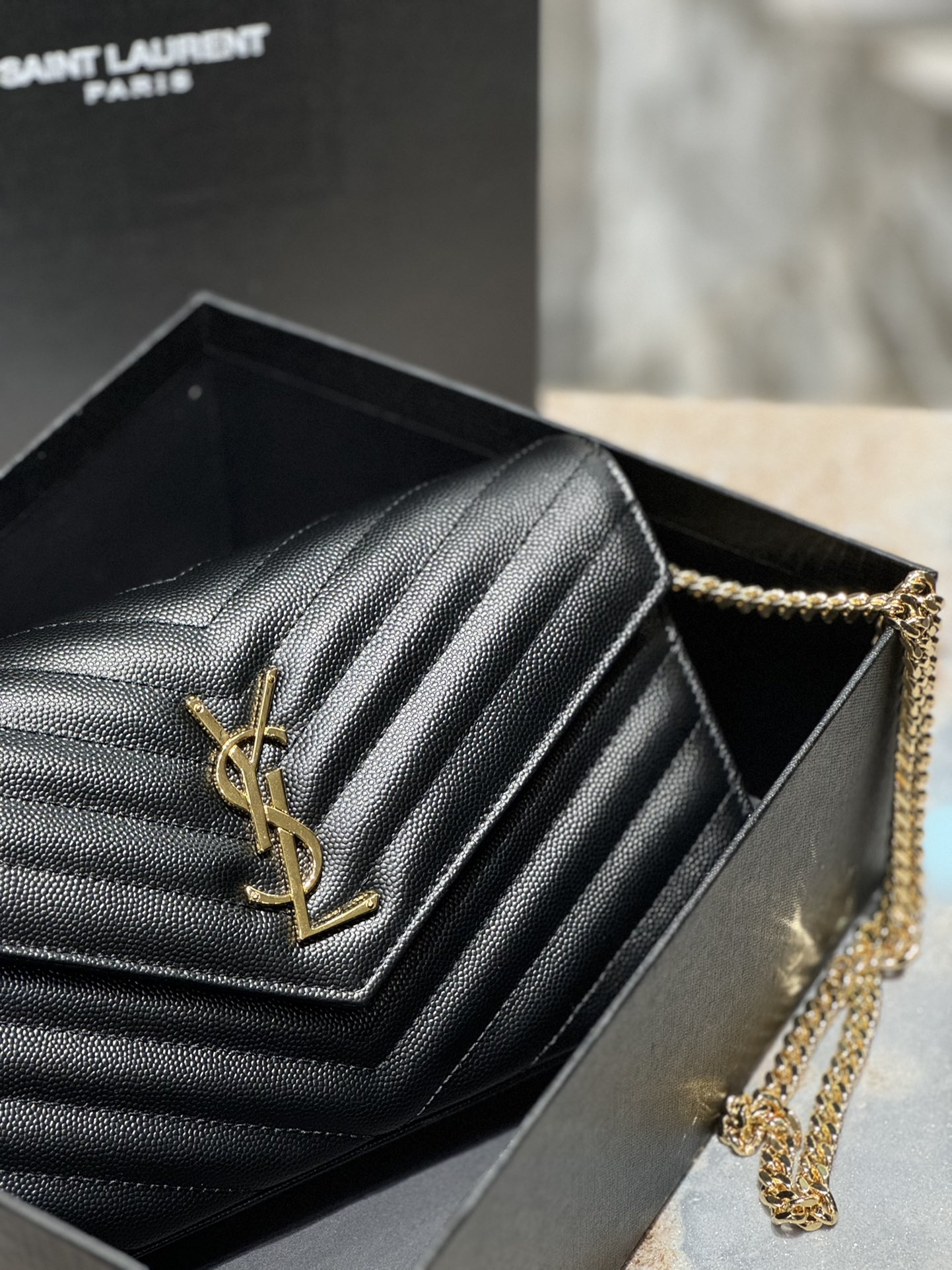 Saint Laurent Monogram Caviar Leather Envelope Bag - Black with Gold Hardware