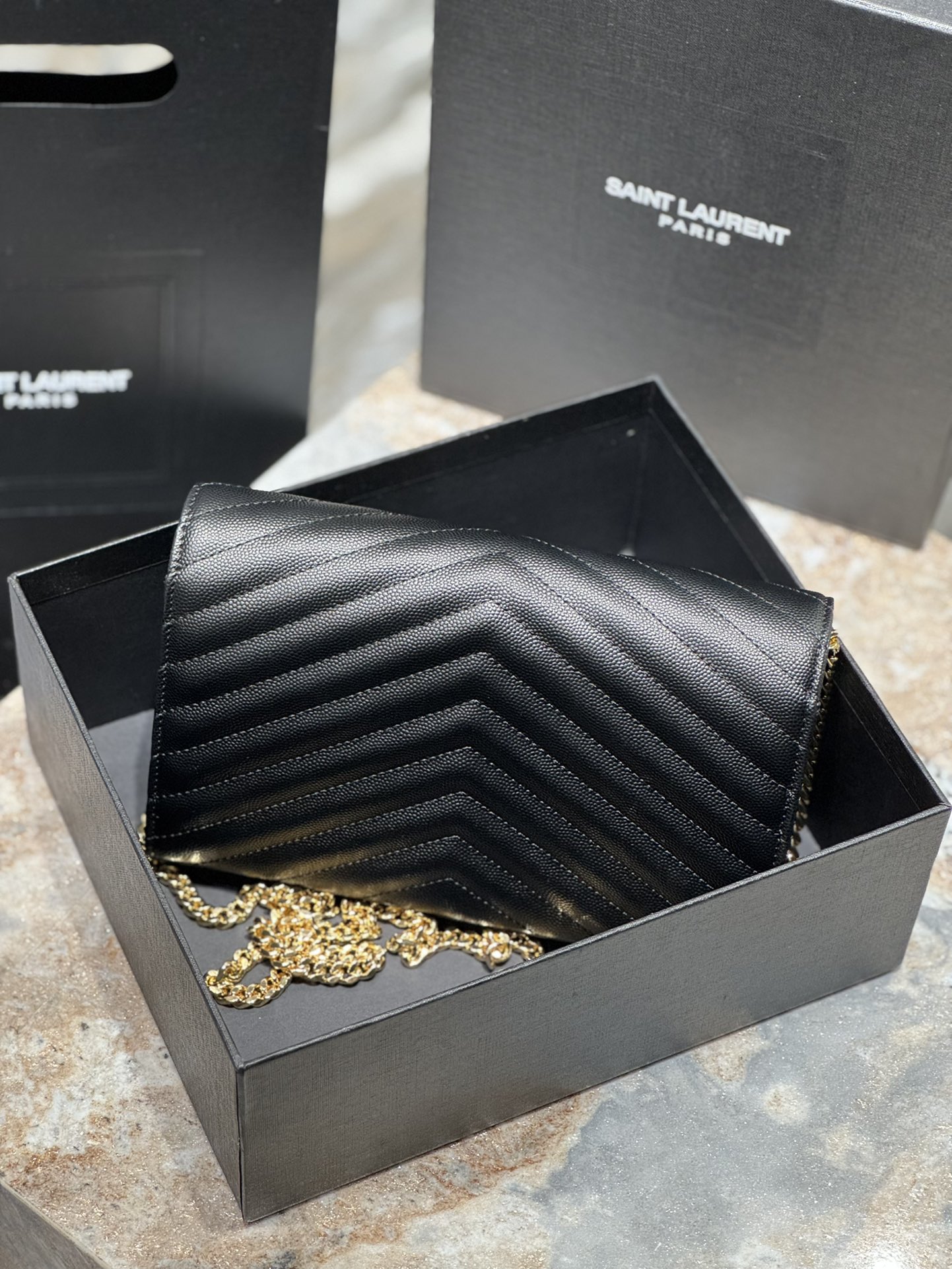 Saint Laurent Monogram Caviar Leather Envelope Bag - Black with Gold Hardware