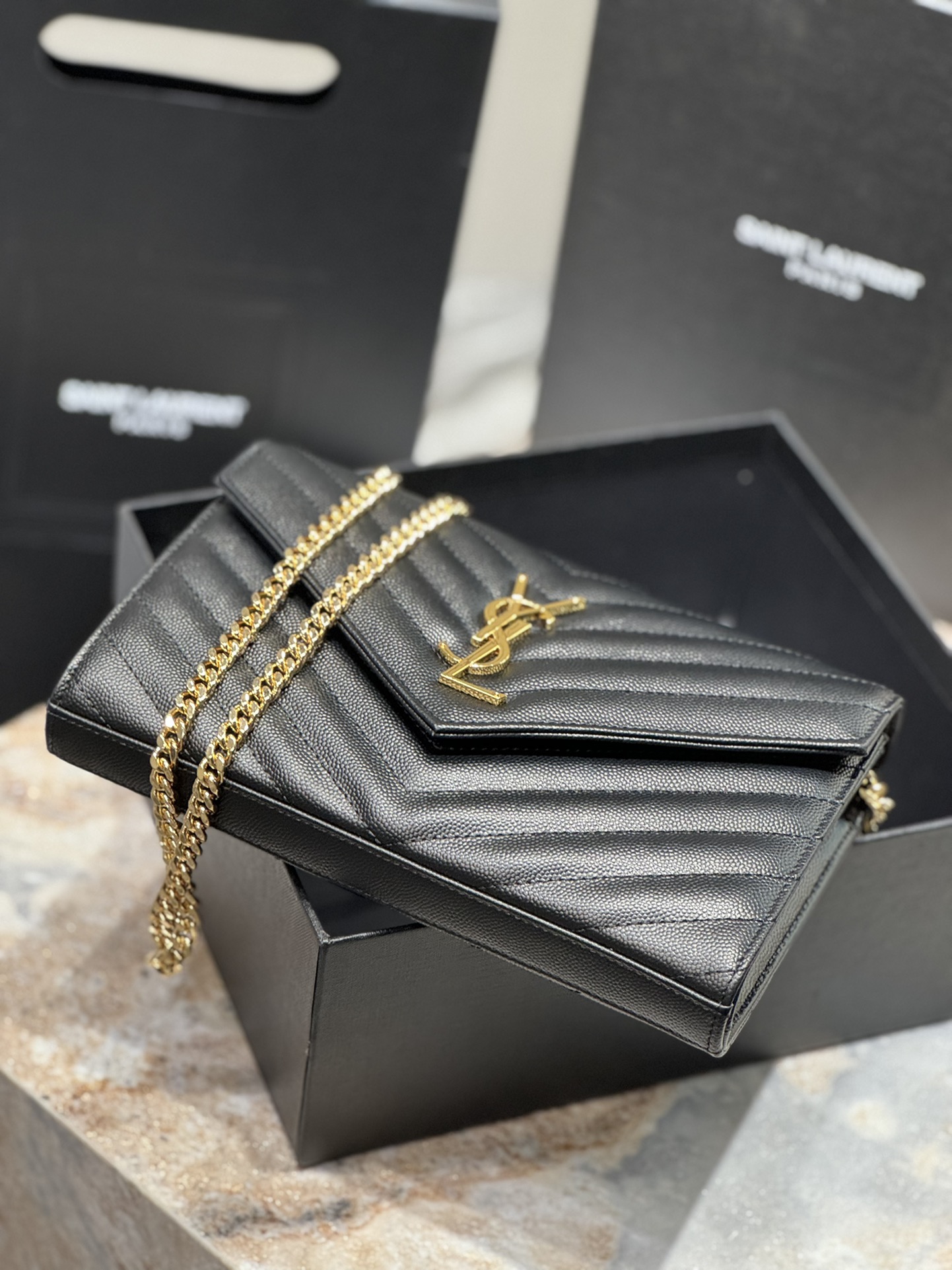 Saint Laurent Monogram Caviar Leather Envelope Bag - Black with Gold Hardware