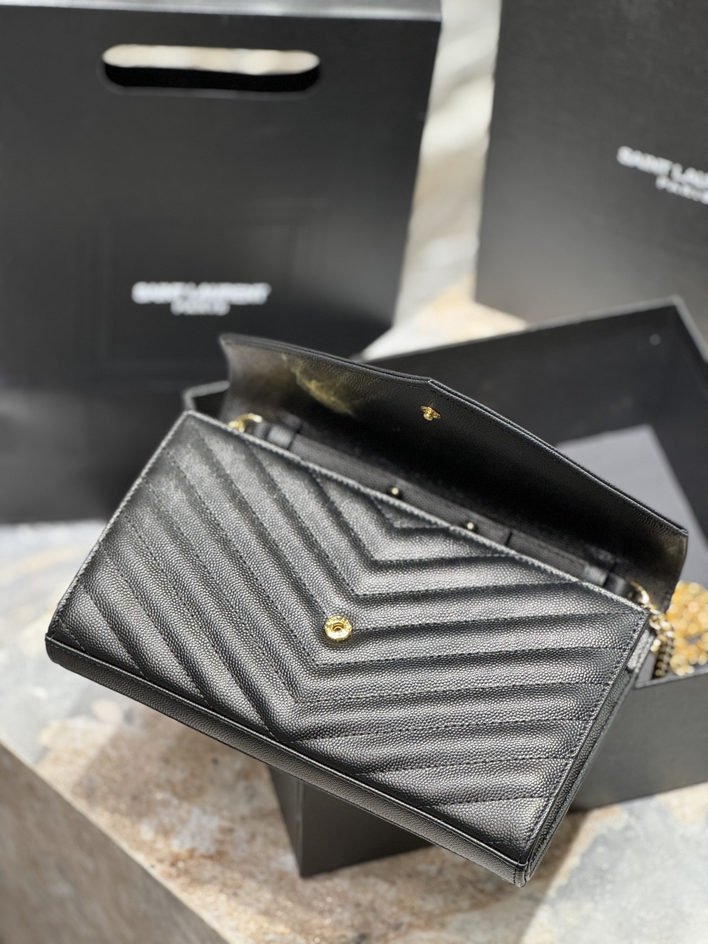 Saint Laurent Monogram Caviar Leather Envelope Bag - Black with Gold Hardware