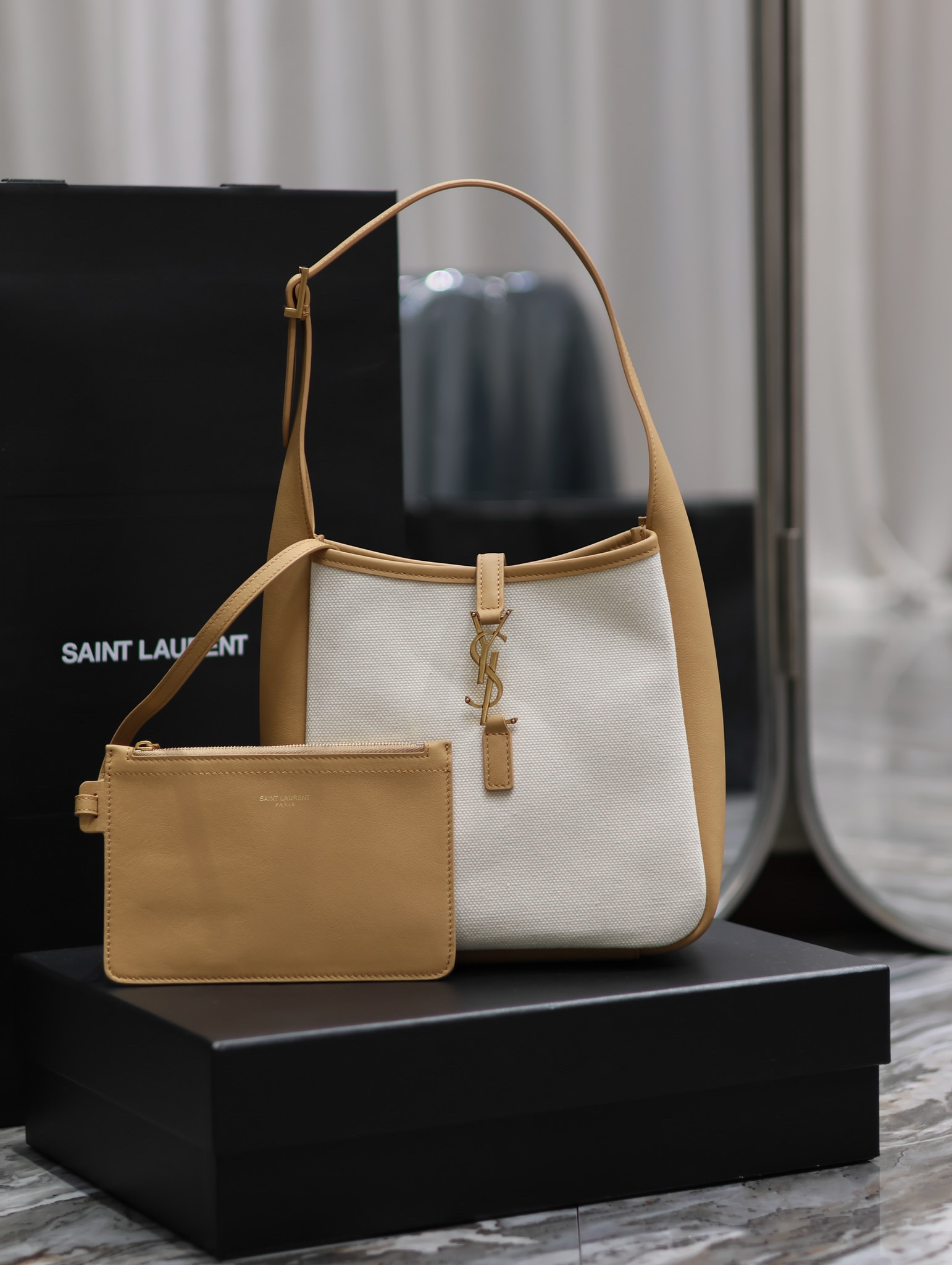 Saint Laurent LE 5A7 Leather Shoulder Bag - Almond Color