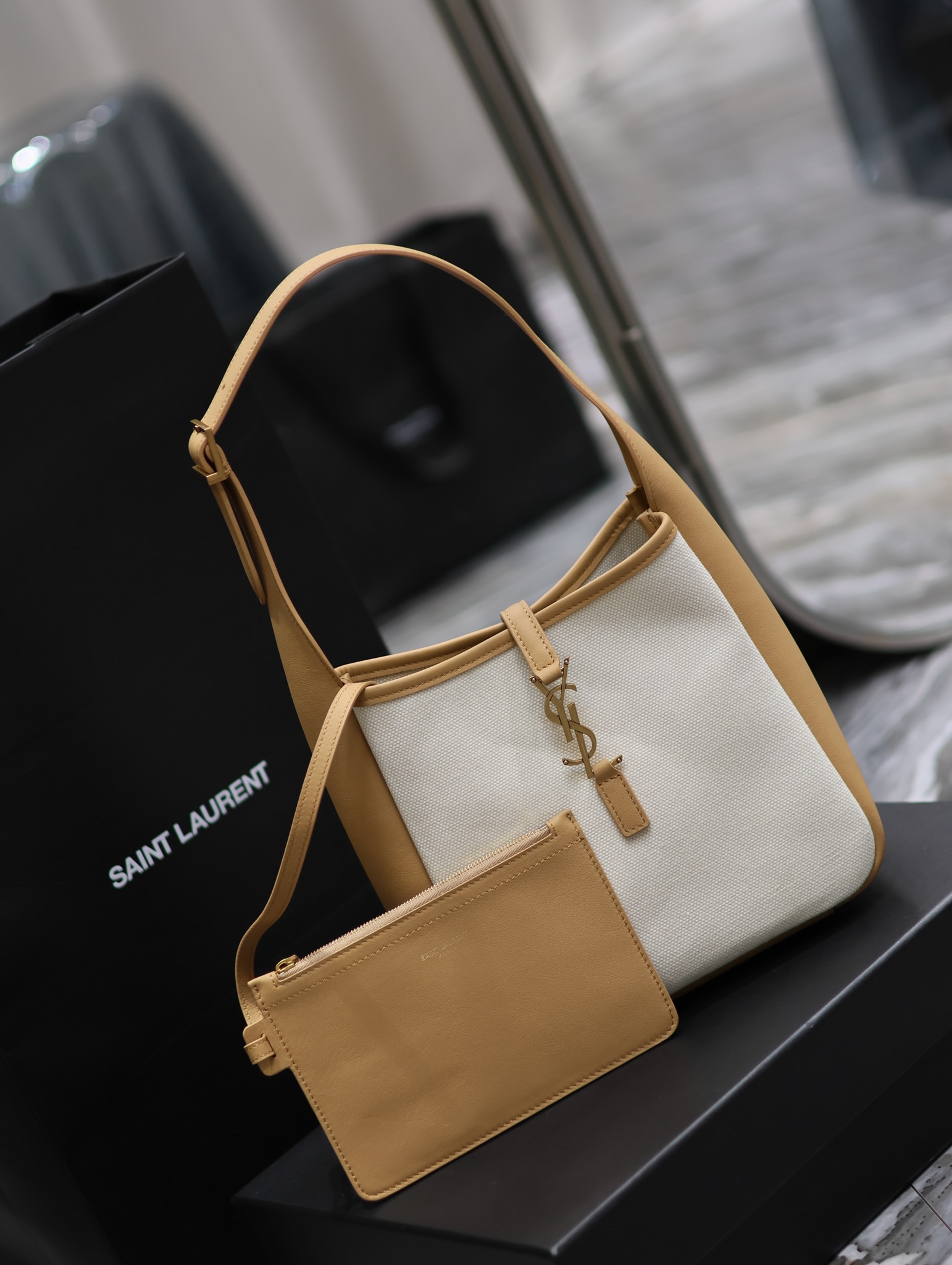 Saint Laurent LE 5A7 Leather Shoulder Bag - Almond Color