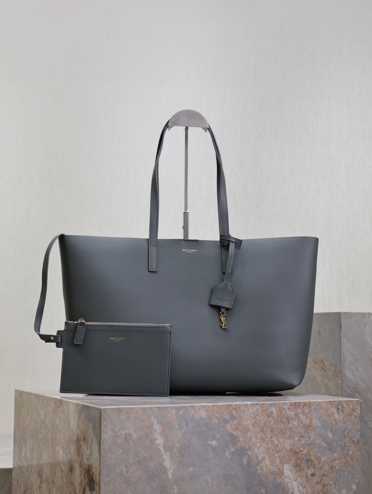 Saint Laurent Gray Leather Horizontal Shopping Tote Bag YSL