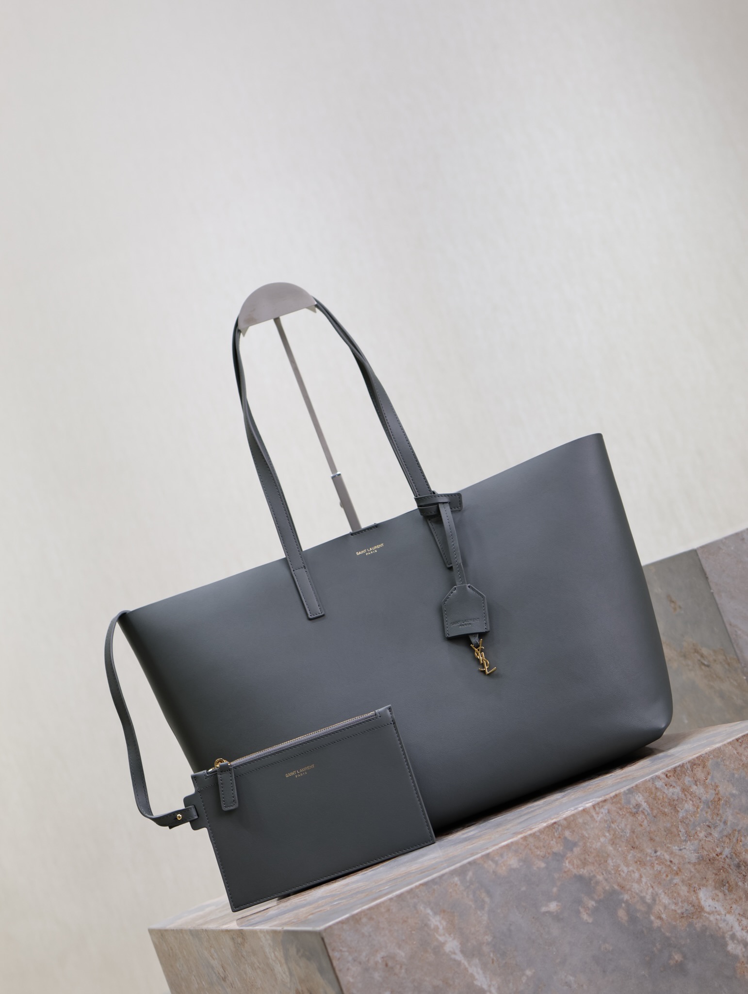 Saint Laurent Gray Leather Horizontal Shopping Tote Bag YSL