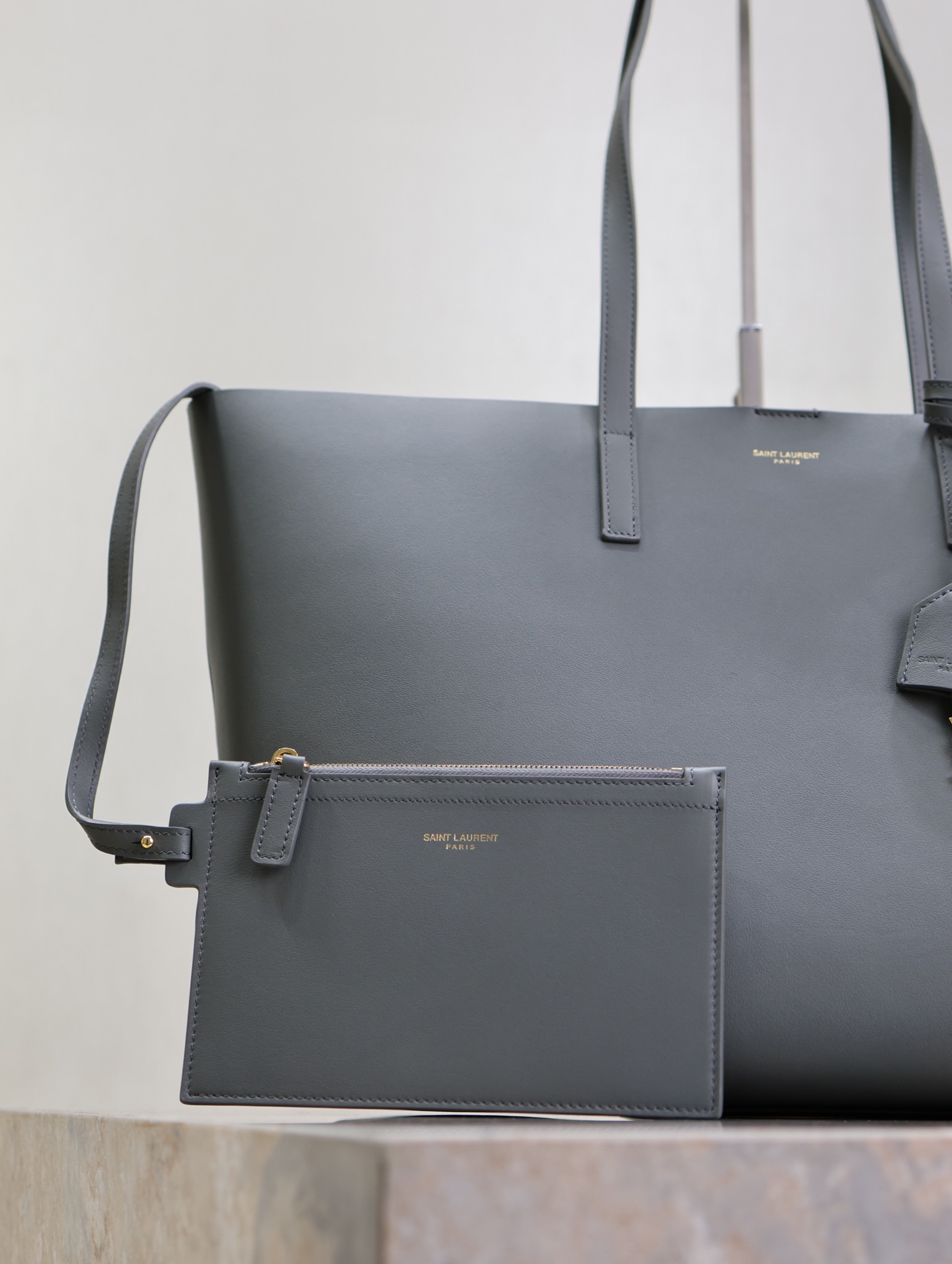 Saint Laurent Gray Leather Horizontal Shopping Tote Bag YSL