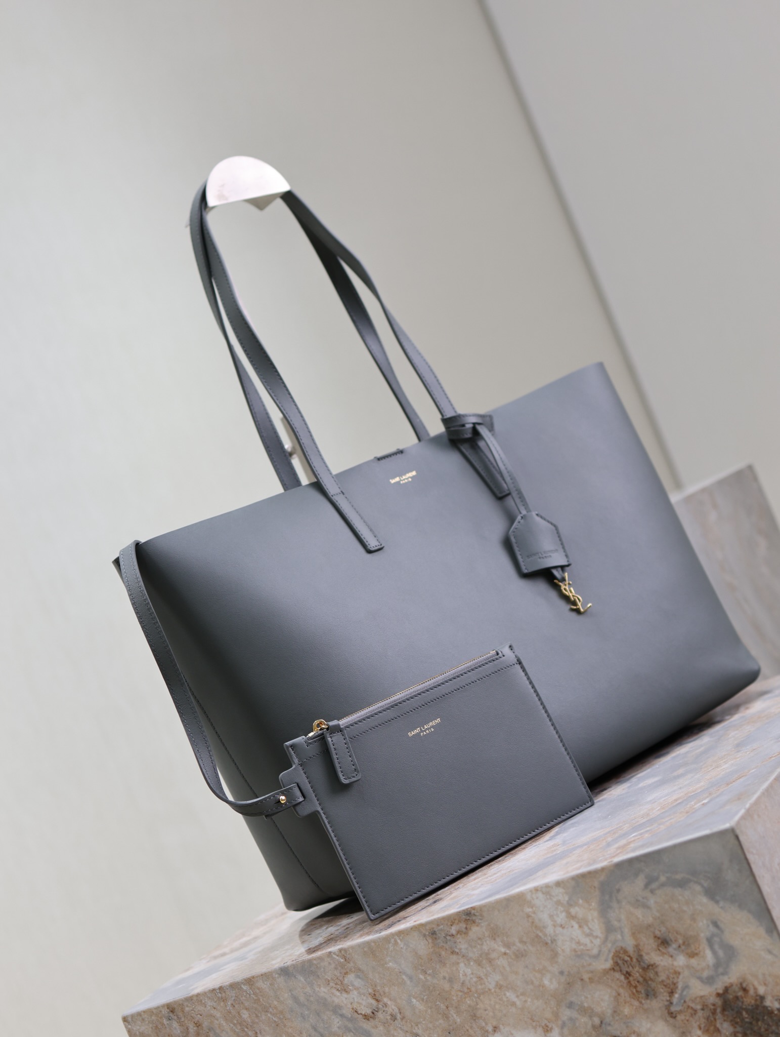 Saint Laurent Gray Leather Horizontal Shopping Tote Bag YSL