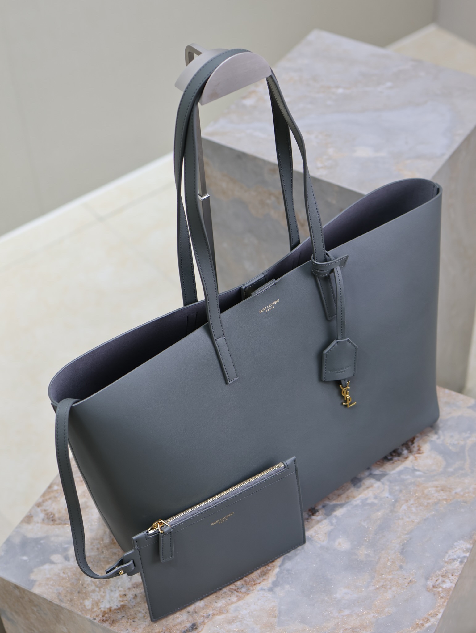 Saint Laurent Gray Leather Horizontal Shopping Tote Bag YSL