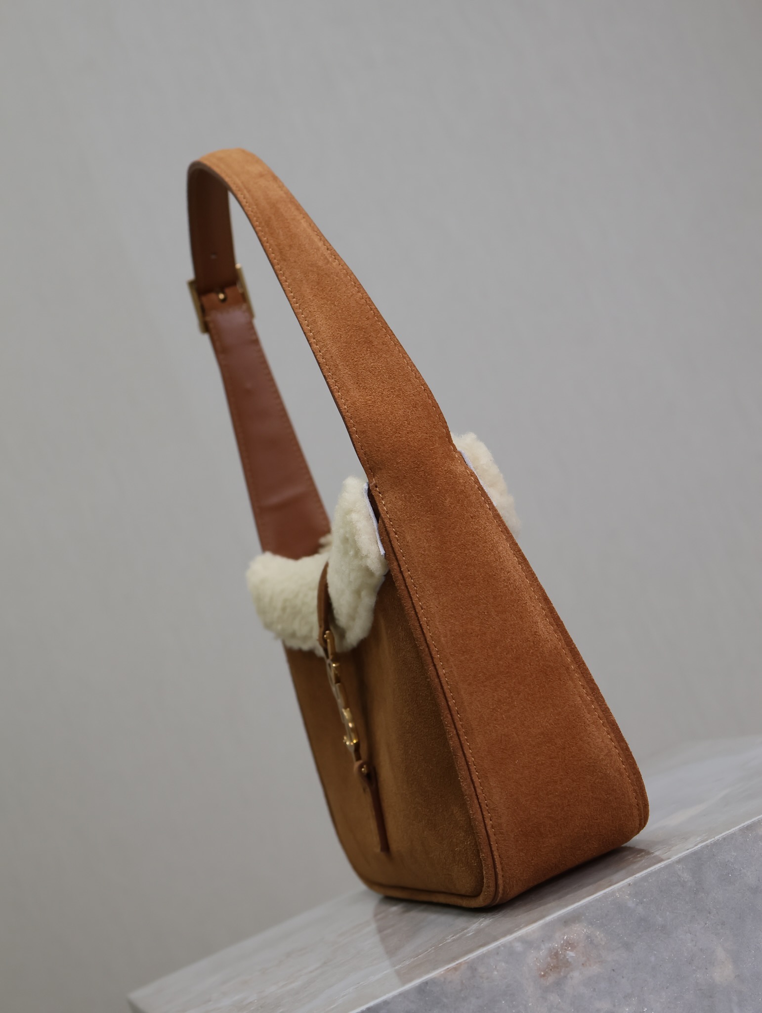 Saint Laurent LE 5A7 Suede and Shearling Shoulder Bag - Earthy Yellow