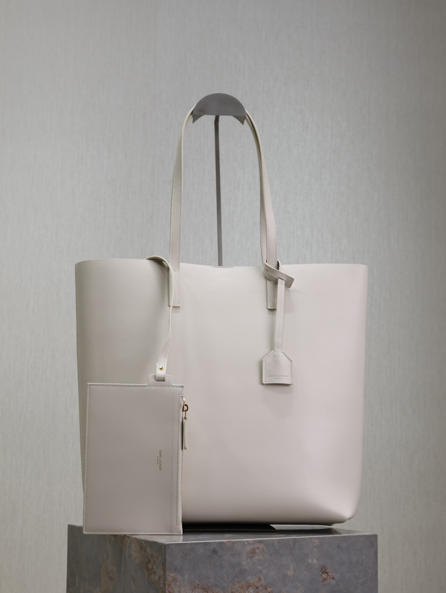 Saint Laurent White Leather Vertical Shopping Tote Bag YSL