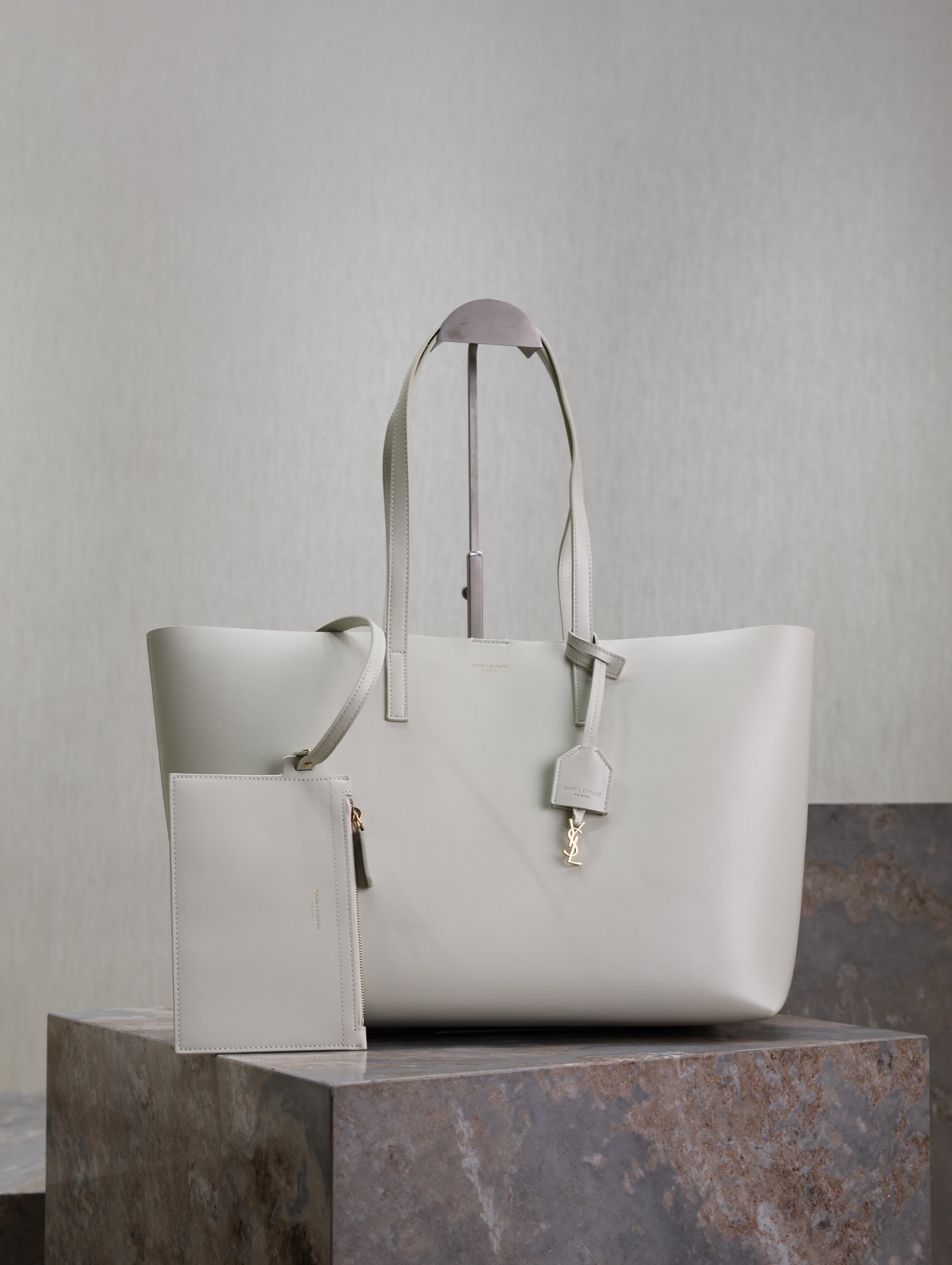 Saint Laurent White Leather Horizontal Shopping Tote Bag YSL