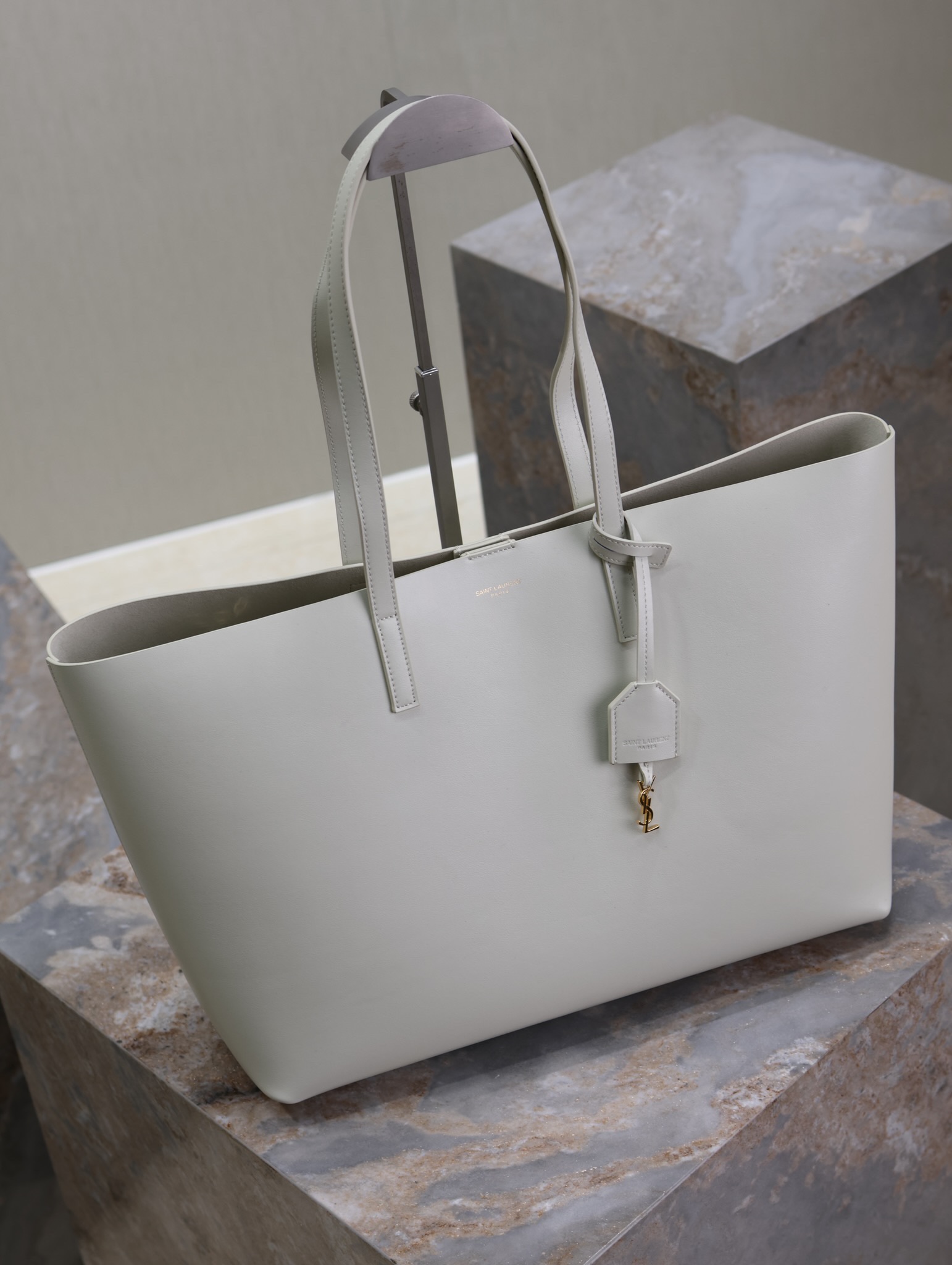 Saint Laurent White Leather Horizontal Shopping Tote Bag YSL