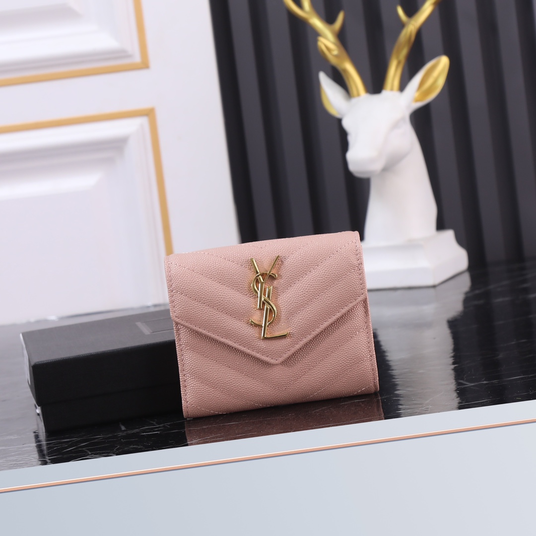 Saint Laurent YSL SLP Tri-Fold Wallet in Pink Caviar with Gold Hardware