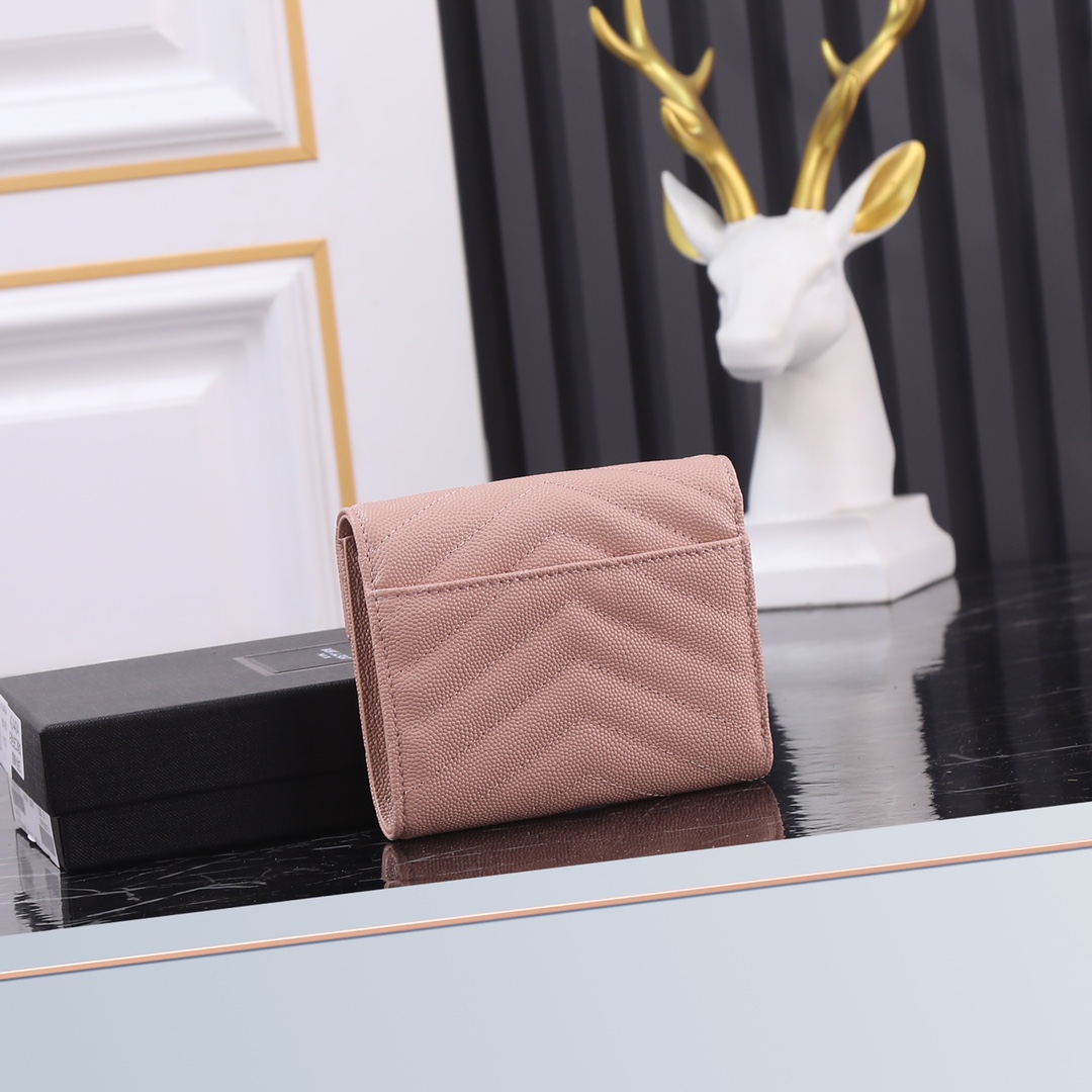  Saint Laurent YSL SLP Tri-Fold Wallet in Pink Caviar with Gold Hardware