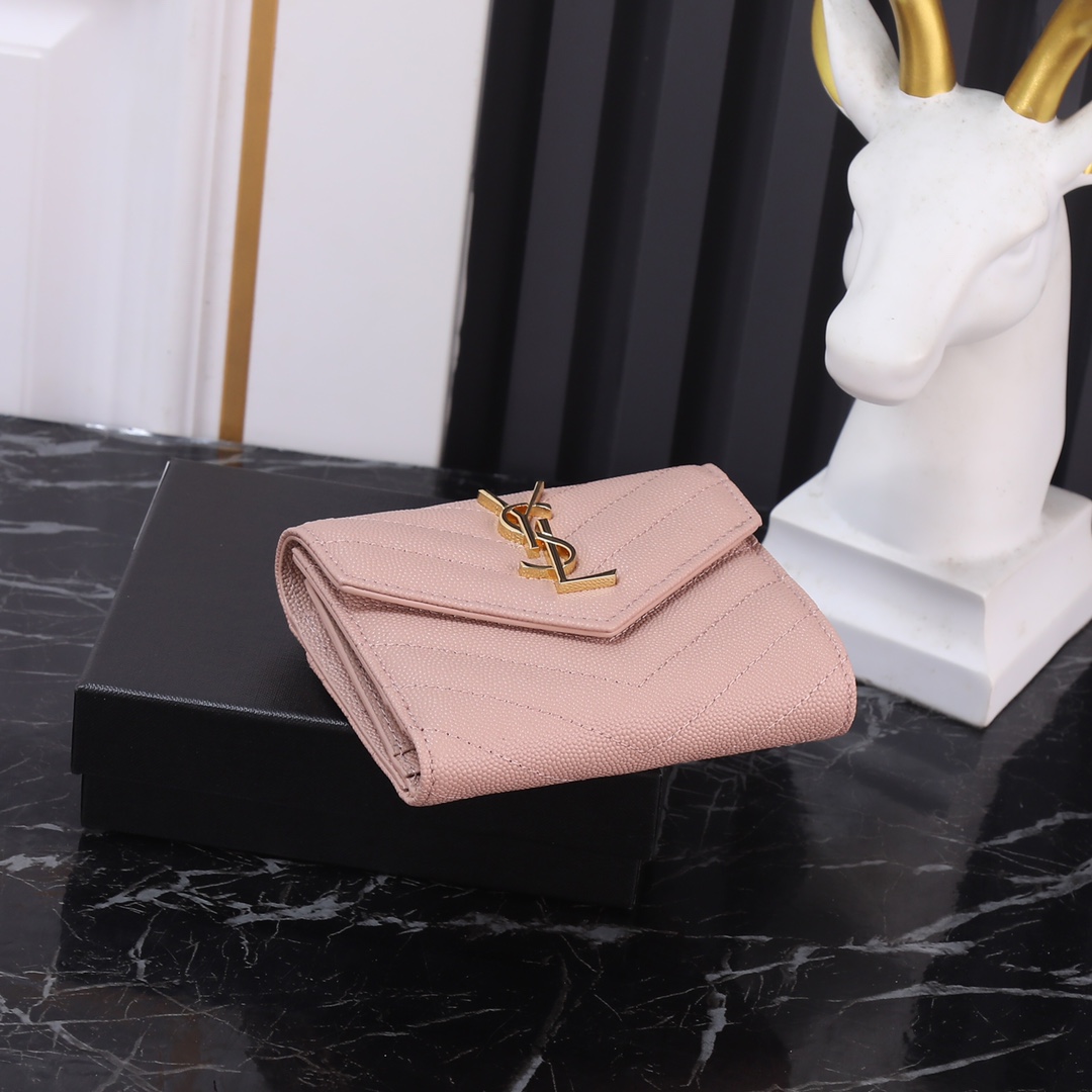  Saint Laurent YSL SLP Tri-Fold Wallet in Pink Caviar with Gold Hardware