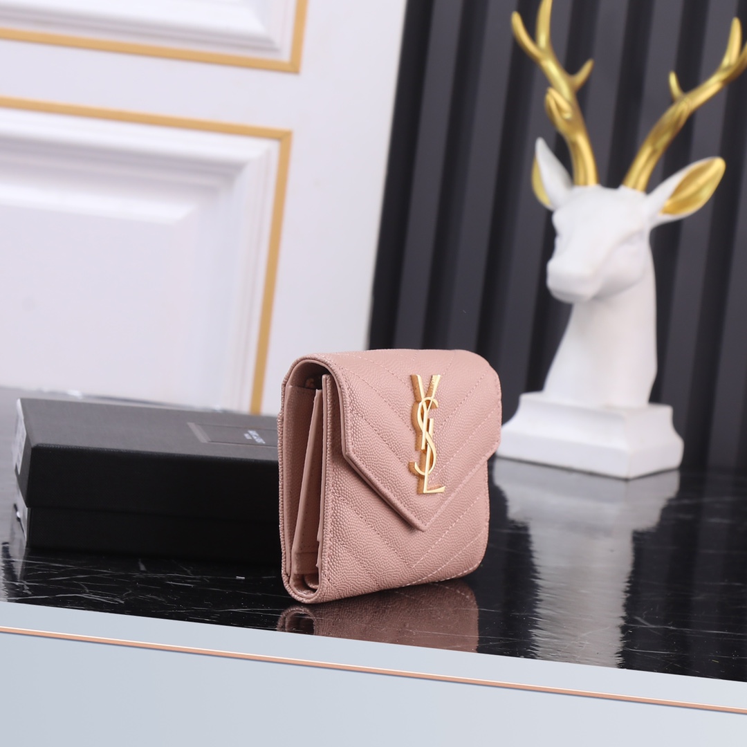  Saint Laurent YSL SLP Tri-Fold Wallet in Pink Caviar with Gold Hardware