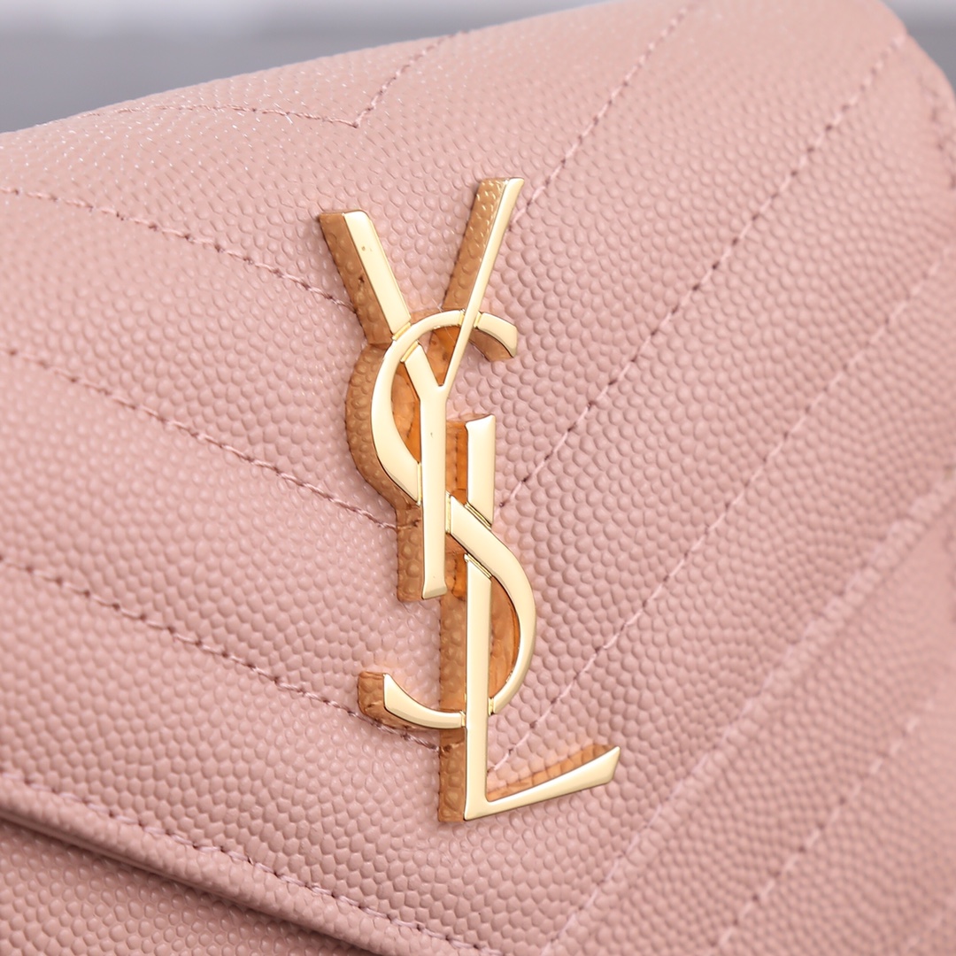  Saint Laurent YSL SLP Tri-Fold Wallet in Pink Caviar with Gold Hardware