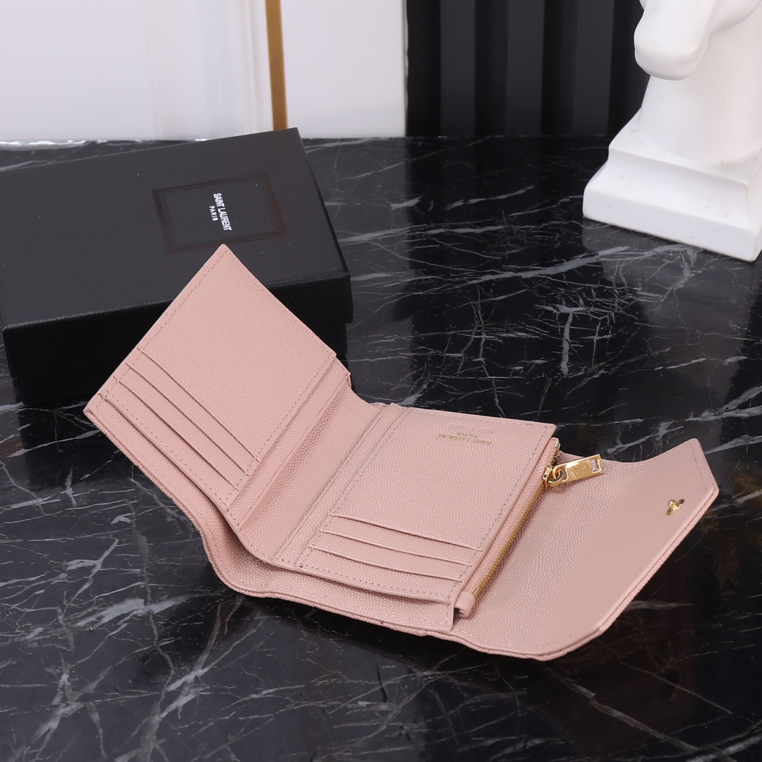  Saint Laurent YSL SLP Tri-Fold Wallet in Pink Caviar with Gold Hardware