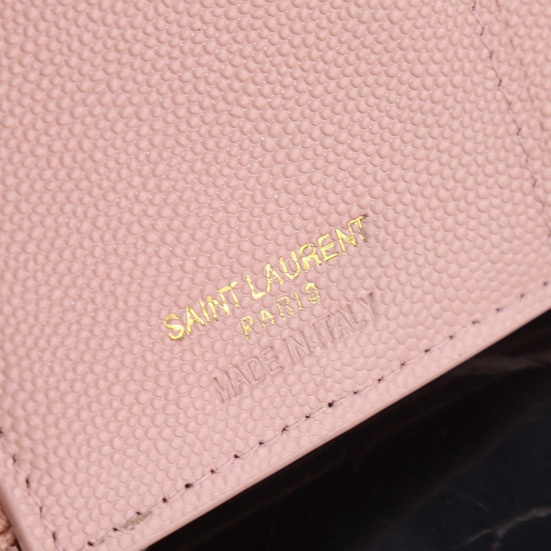  Saint Laurent YSL SLP Tri-Fold Wallet in Pink Caviar with Gold Hardware