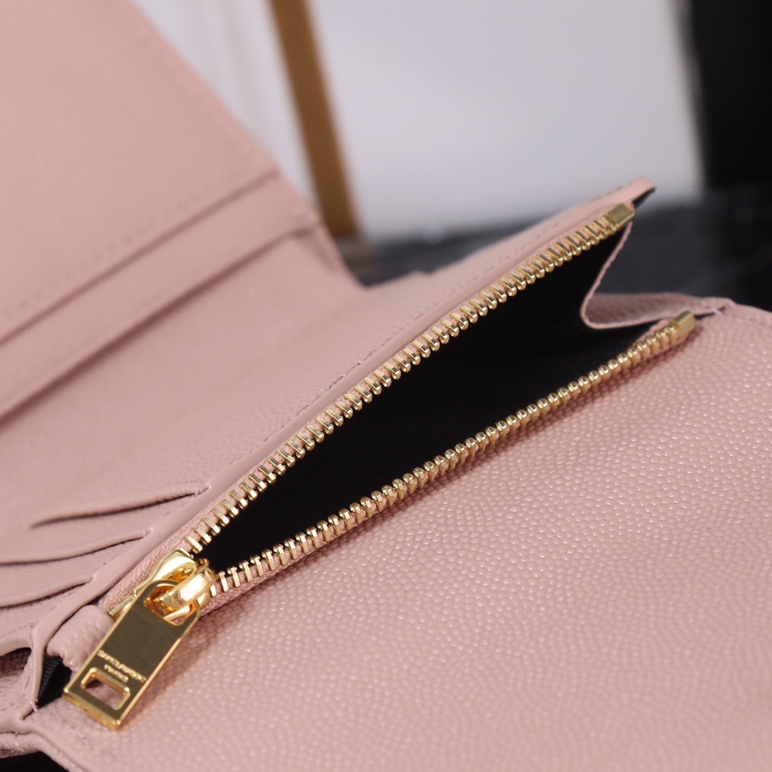  Saint Laurent YSL SLP Tri-Fold Wallet in Pink Caviar with Gold Hardware