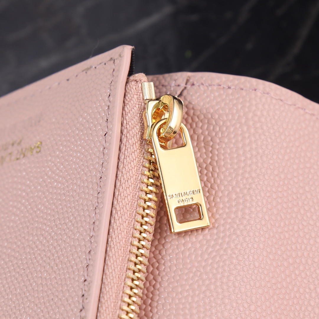  Saint Laurent YSL SLP Tri-Fold Wallet in Pink Caviar with Gold Hardware