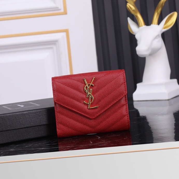 Saint Laurent YSL SLP Tri-Fold Wallet in Red Caviar with Gold Hardware