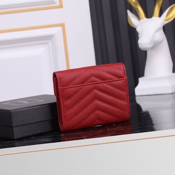 Saint Laurent YSL SLP Tri-Fold Wallet in Red Caviar with Gold Hardware