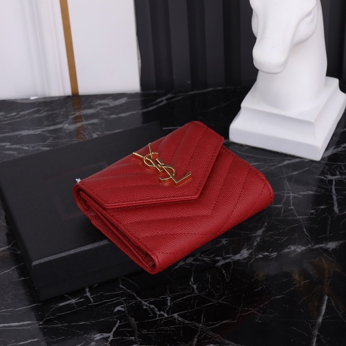 Saint Laurent YSL SLP Tri-Fold Wallet in Red Caviar with Gold Hardware