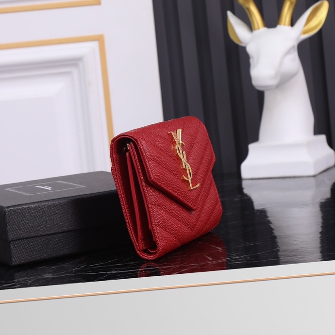 Saint Laurent YSL SLP Tri-Fold Wallet in Red Caviar with Gold Hardware