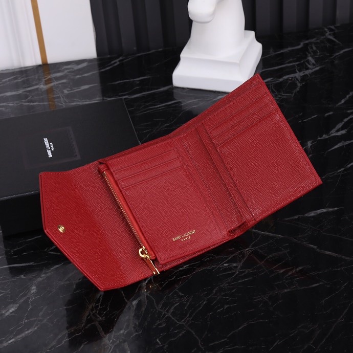 Saint Laurent YSL SLP Tri-Fold Wallet in Red Caviar with Gold Hardware