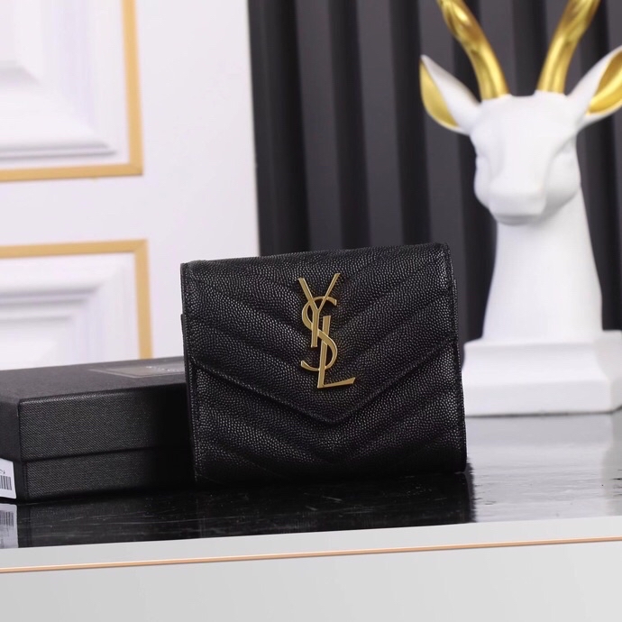 Saint Laurent YSL SLP Tri-Fold Wallet in Black Caviar with Gold Hardware