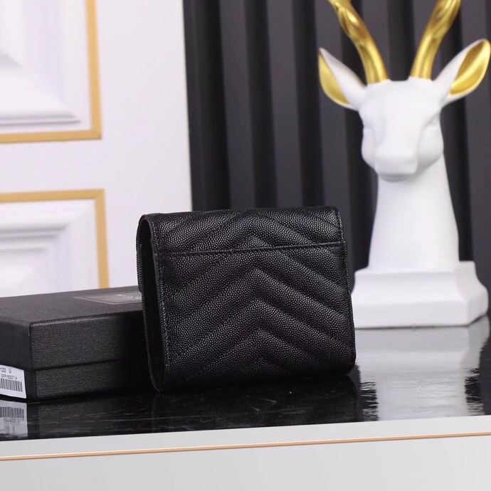 Saint Laurent YSL SLP Tri-Fold Wallet in Black Caviar with Gold Hardware