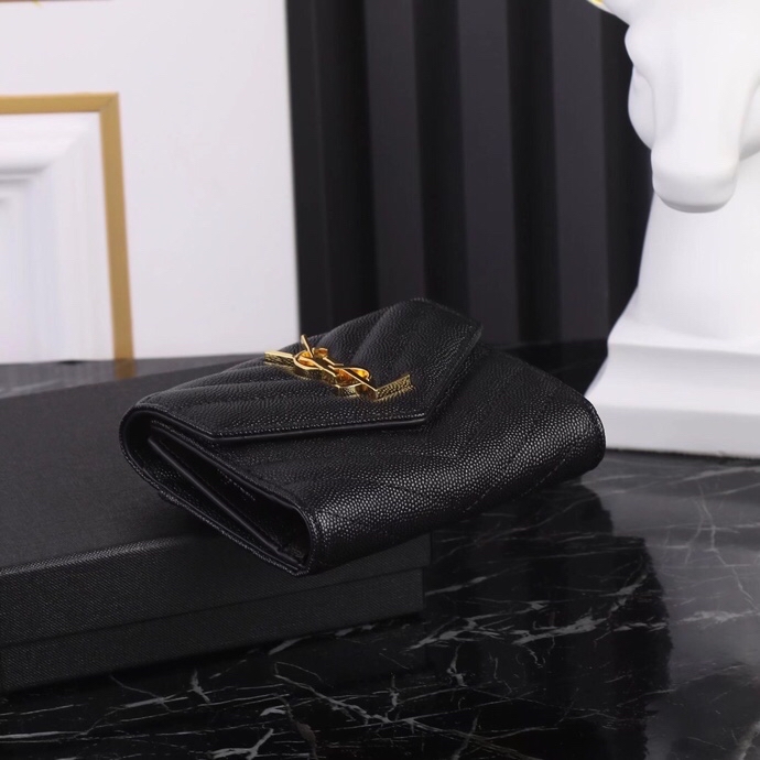 Saint Laurent YSL SLP Tri-Fold Wallet in Black Caviar with Gold Hardware