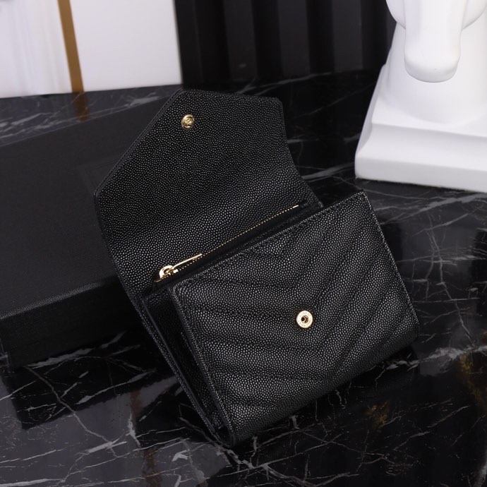 Saint Laurent YSL SLP Tri-Fold Wallet in Black Caviar with Gold Hardware