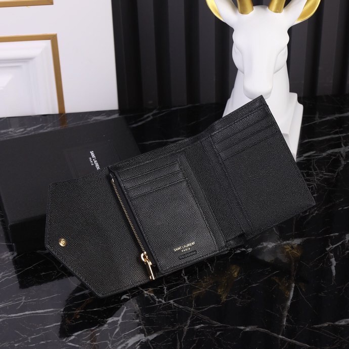 Saint Laurent YSL SLP Tri-Fold Wallet in Black Caviar with Gold Hardware