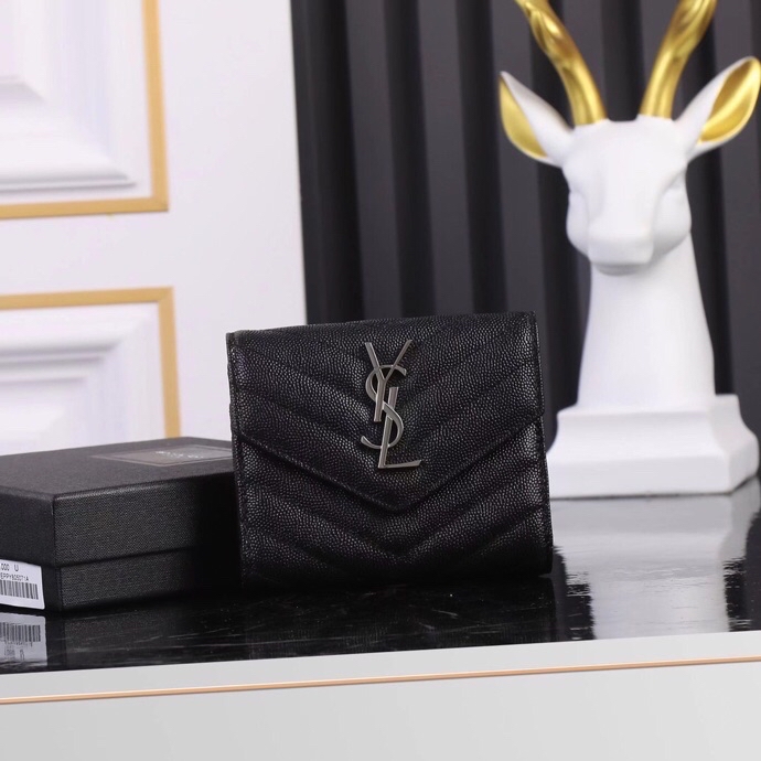 Saint Laurent YSL SLP Tri-Fold Wallet in Black Caviar with Silver Hardware