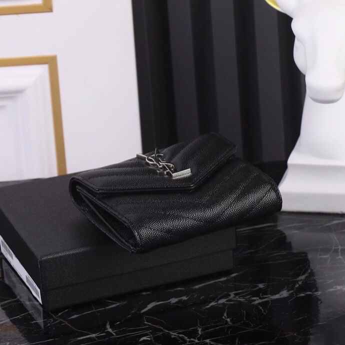 Saint Laurent YSL SLP Tri-Fold Wallet in Black Caviar with Silver Hardware