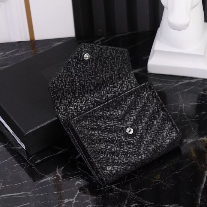 Saint Laurent YSL SLP Tri-Fold Wallet in Black Caviar with Silver Hardware