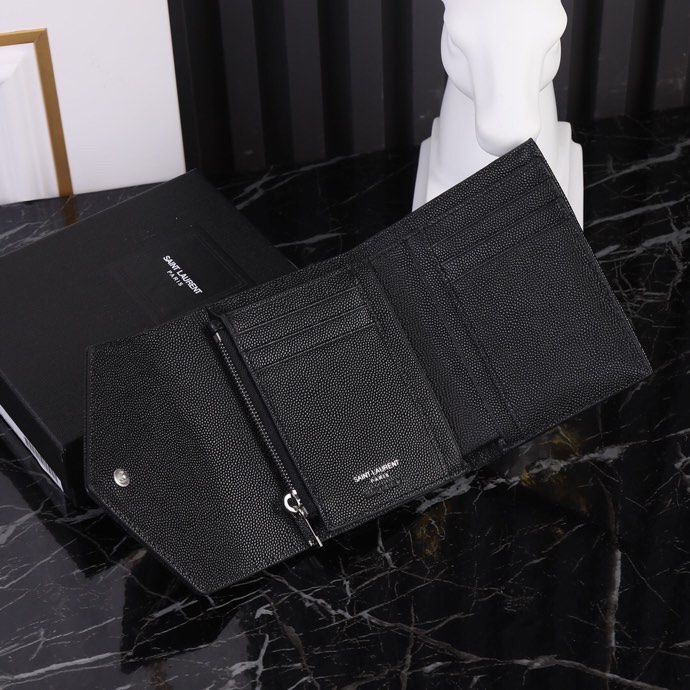 Saint Laurent YSL SLP Tri-Fold Wallet in Black Caviar with Silver Hardware