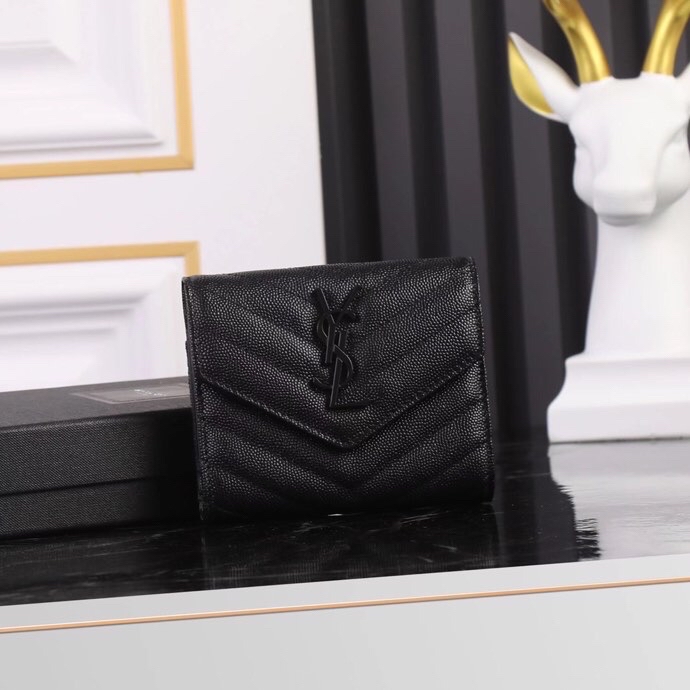 Saint Laurent YSL SLP Tri-Fold Wallet in Black Caviar with Black Hardware